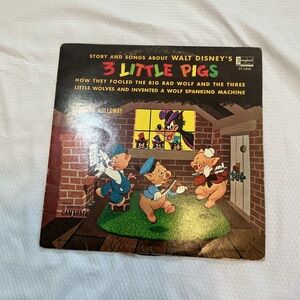 Disney 3 Little Pigs Illustrated Record Back Cover - Beige, Black, Red Accents